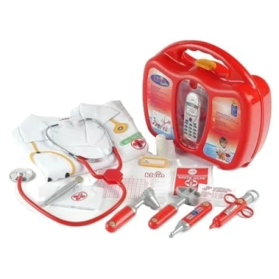 Image de Theo Klein 4353 Mallette médecin I avec blouse docteur, stéthoscope vraie fonction d&#039;amplification et téléphone portable bruitage Dimensions : 28 cm x 24,5 8,5 Jouet pour enfants à partir de 5 ans