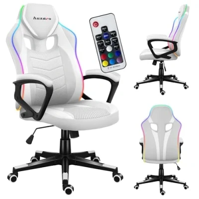Image de Chaise gaming HUZARO Force 2.5 RGB Blanc Mesh Éclairage LED, Tissu respirant, Design ergonomique, Accoudoirs confortables