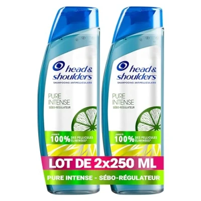 Image de Head &amp; Shoulders Pure Intense Sébo Régulateur Shampooing Antipelliculaire 2x250 ml, Au Citron, Pour Cuir Chevelu Gras, Jusqu’à 100 % des pellicules éliminées