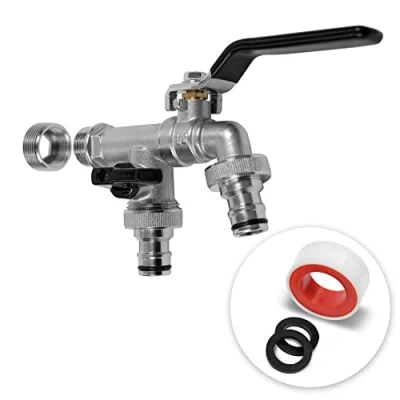 Image de YourCasa® Robinet exterieur jardin [1/2&quot; et 3/4&quot; pouce] cuve avec 2 raccords de tuyau Laiton Robine double sortie Résistant à la Rouille au Gel pour récupérateur Eau Pluie (noir)