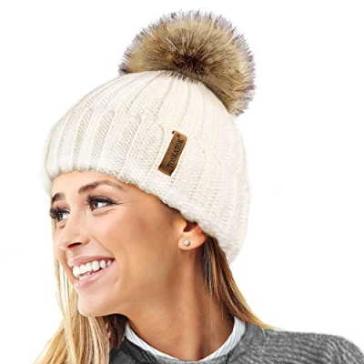 Image de TOSKATOK® Femmes Hiver Rib Bonnet/Beanie avec Chunky détachable en Fausse Fourrure Bobble Pom Taille Unique CRÈME