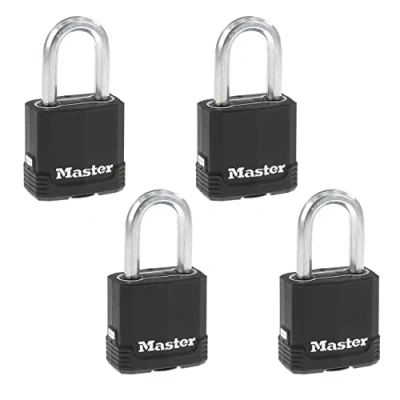 Image de Master Lock M115XQLFCCSEN, Lot de 4 cadenas en acier laminé recouvert magnésium 4,8 cm large, diamètre 1,6 cm, dégagement manille 3,8 noir, pièces (lot 1)