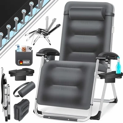 Image de KESSER® Chaise longue de jardin pliable extra large et résistante aux intempéries, charge maximale : 200 kg, coussin ergonomique, dossier réglable avec nuque, porte gobelet rembourrage