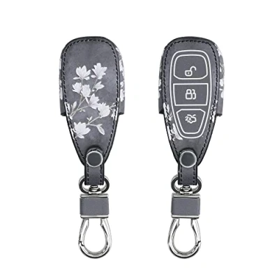 Image de kwmobile Accessoire clé de Voiture Compatible avec Ford Keyless Go 3 Bouton Coque en Simili Cuir pour Clef Taupe Blanc Gris foncé
