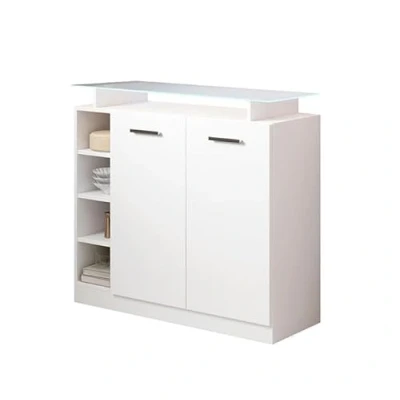 Image de Meuble d&#039;entrée avec 2 portes Blanc brillant Etagère en verre et lumière LED L 97 x P 35 H 87 cm Modèle Paola 2P