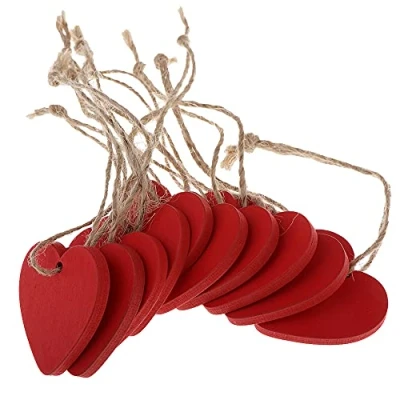 Image de YSSMAO 10 pièces 40x40mm Simple Peint Suspendre en Bois Formes de Coeur Plaque Signe Message Decoration Cadeau Terrain Porte DIY Accessoires,Rouge