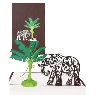 Image de Carte d’anniversaire pop up « éléphant &amp; bananier » 3D avec enveloppe