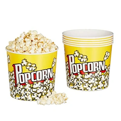 Image de Relaxdays Seau pop corn, lot de 12, contenant en plastique, réutilisable, 2,8 litres, soirée ciné, rétro, jaune