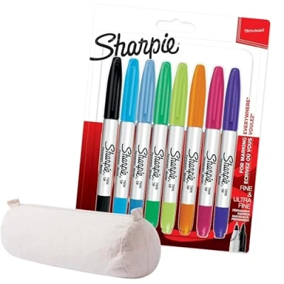 Image de Sharpie Marqueurs permanents à double pointe Pointes fines et ultra Couleurs assorties 8 feutres + étui en coton