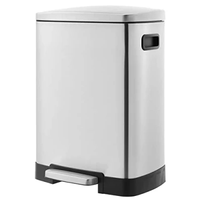 Image de Amazon Basics Poubelle de recyclage rectangulaire à pédale avec 2 compartiments et couvercle fermeture douce, 25 L &amp; 15 (40L), argent