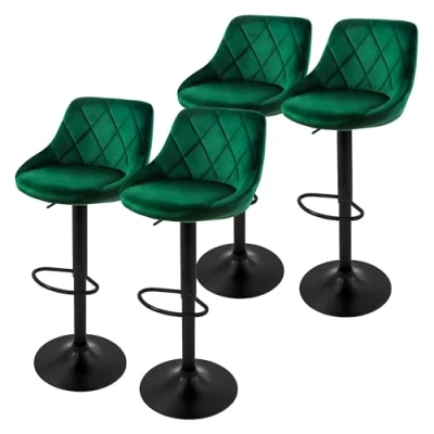 Image de ML Design Lot de 4 Tabourets Bar en Velours, Vert, Chaise Rembourrée avec Dossier et Repose Pieds, Réglable Hauteur 62 82 cm, Pivotante à 360, Tabouret Comptoir, Cuisine, Maison