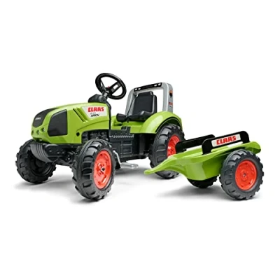 Image de FALK Tracteur à pédales Claas avec remorque Dès 3 ans Fabriqué en France volant directionnel klaxon Siège ajustable 1040AB, Vert