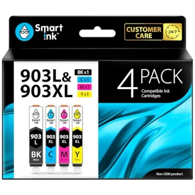 Image de Smart Ink Cartouche d’Encre Compatible pour HP 903 XL 903XL 4 Pack (Noir Cyan Magenta Jaune) avec Système de Puce Avancée Officejet 6950 All in One Pro 6960 6970