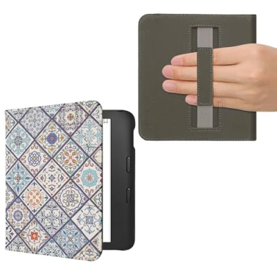 Image de kwmobile Étui Compatible avec Kobo Libra 2 Coque à Rabat magnétique Tablette eReader Similicuir Sangle Bleu Orange Blanc