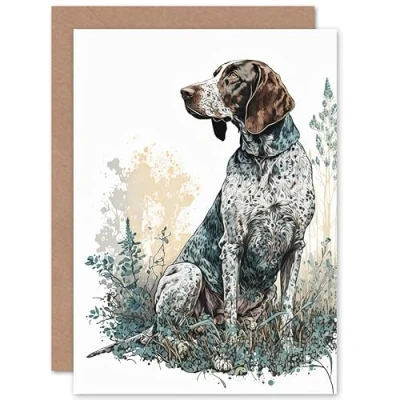 Image de Artery8 German Pointer Dog Sitting in Field Modern Detailed Illustration Art Birthday Sealed Greeting Card Plus Envelope Blank inside