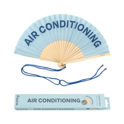 Image de Fisura Éventail original bleu avec message &quot;air conditioning&quot;. Eventail en Bois moderne et amusant. 2 tons.42,5 x 23.Matériau : textile.