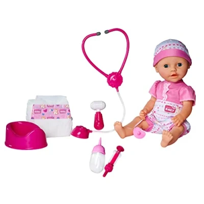Image de Simba 105032355 New Born Baby Poupée 38cm en Vinyle avec Accessoires de Docteur boit et Fait Pipi Nombreux Stéthoscope Fonction Son À partir 3 Ans