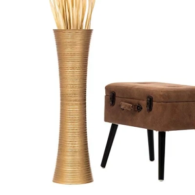 Image de Leewadee Grand Vase A Poser Au Sol pour Branches Décoratives De Pampa, en Bois Manguier, 70 cm, Doré