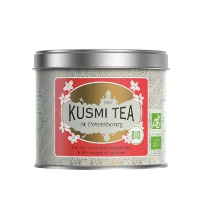 Image de Kusmi Tea St. Pétersbourg Bio Thé Noir Biologique Earl Grey Mélange de avec Fruits Rouges, Caramel, Vanille et Bergamote Boîte Métal 100g Quantité pour environ 50 Tasses