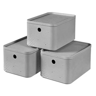 Image de CURVER Lot de 3 Boîtes avec Couvercle Boîte Rangement 4L un Aspect beton pour Chambre, Bureau, Salon, Buanderie Gris, 26,2 x 18,7 41,4 cm Gris