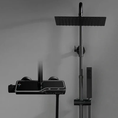 Image de Görbach Colonne de douche avec mitigeur thermostatique, Acier inoxydable système robinetterie, pommeau douche, douchette à main, barre Noir mat (2525MB)
