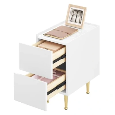 Image de WOLTU Table de Chevet avec 2 Tiroirs, Nuit Plateau Brillant, 40x25x51cm, d&#039;Appoint Moderne pour Chambre Salon, Montage Facile, MDF+PVC+Métal, Blanc+Doré, NTS10ws01