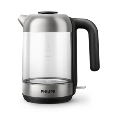 Image de Philips Bouilloire Électrique, Couvercle à Ressort et Voyant Lumineux, En Verre, Socle 360, Noir, Acier Inoxydable, Transparent, 1.7 L (HD9339/80)