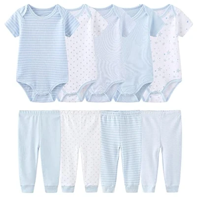 Image de Chamie Body à manches courtes pour nouveau né 5 pièces avec pantalon 4 en pur coton Convient garçons et filles de 0 12 mois, bleu 2, 3 6 Months