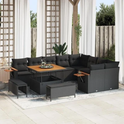 Image de Ensemble de Canapés Jardin 12 Pièces avec Coussins Noir Rattan Poly Acacia 3365154