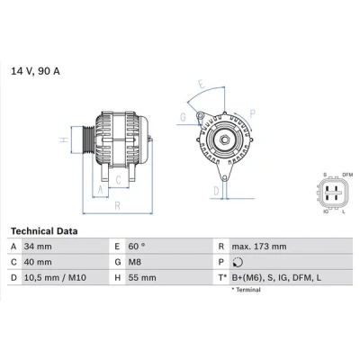 Image de BOSCH 0 986 046 110 Alternateur 14V 90A TOYOTA: Auris 5 portes, Corolla Verso, IX 3/5 portes