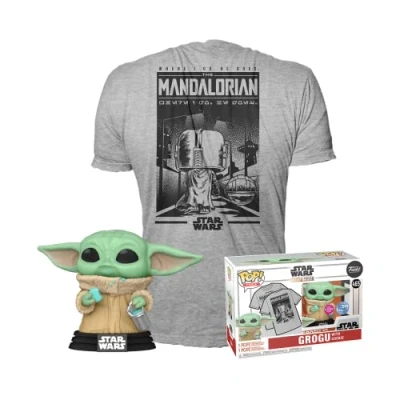 Image de Funko Pop! &amp; Tee: Mando Grogu with Cookie (The Child, Baby Yoda) (Grogu Yoda), Small (S) Star Wars: The Mandalorian T Shirt Vêtements