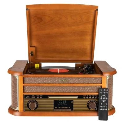 Image de Reflexion HIF2002 Système stéréo rétro avec Platine Disque, Cassette, Lecteur CD et Radio Dab, Dab+, FM/MW, MP3, USB, écran LCD, télécommande, 80 W, boîtier en Bois véritable, Marron