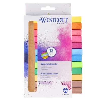 Image de Westcott Craie 12 pièces Multicolore Paquet de craies pour tableau noir avec 1,2cm ⌀ en couleurs vives peu poussière &amp; facilement effaçable 8,5cm crayons longs E 744983 00