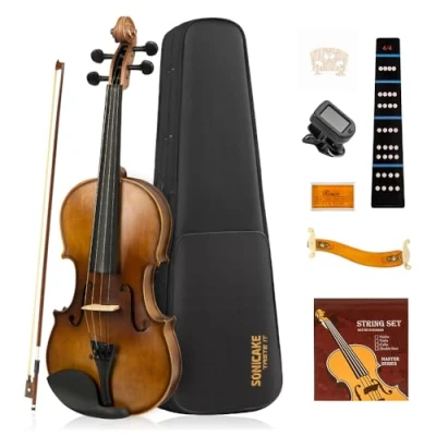 Image de SONICAKE Violon 4/4 en Bois Massif pour Adultes Set Complet avec Étui Rigide, Coussin, Colophane, 2 Archets, Tuner Pince &amp; Cordes Supplémentaires QVL 01
