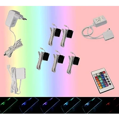 Image de Trango 5er Set 5022 05 RGB Éclairage de bord en verre LED à changement couleur, y compris l&#039;éclairage l&#039;armoire commande distance, sol verre, vitrine, Clips