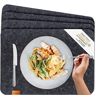 Image de MIQIO® Set de Table Design Feutre et Cuir Lavable. 4 sous Assiettes. Napperons Premium (Gris Foncé Anthracite)