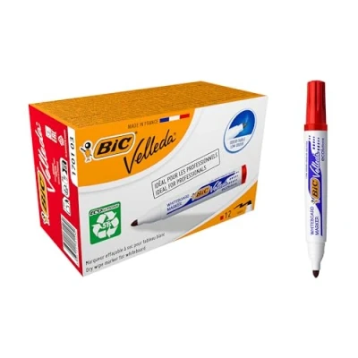 Image de BIC Velleda 1701 ECOlutions Feutres pour Tableau Blanc Effaçables à Sec Pointe Conique Moyenne Rouge, Boîte de 12