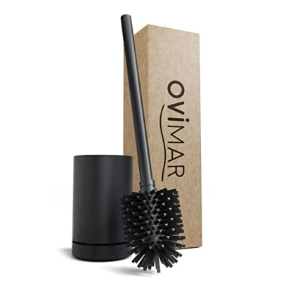 Image de ovimar Brosse à WC Hugla Noir Mat en Silicone Fonction d&#039;aération Autonome Acier Inoxydable revêtu par Poudre Tête de Interchangeable Egouttoir Amovible