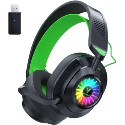 Image de Vakedy HW10 Casque Gaming sans Fil,Casque Bluetooth Fil PS5,Casque avec Micro Antibruit Lumières RGB,pour PS4/PS5/PC/Mac/Switch,Casque à Double Mode de Commutation Noir/Vert