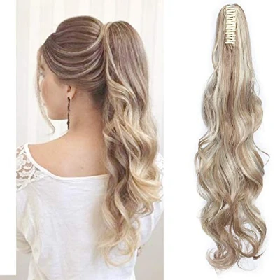 Image de SEGO Postiche Queue de Cheval Frisé Ondulé Longue Pas Cher Cheveux Synthetique Fibre Ponytail Extension [Pince A Griffes] 60 CM Linen Blond Mèche Clair