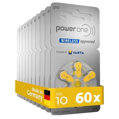 Image de Power One Piles auditives Type 10, Jaune, Lot de 60 Batteries pour Amplificateur Appareil Auditif, Aide Auditive, Made in Germany