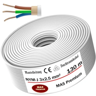 Image de MAS Premium Câble d&#039;alimentation NYM J pour pièces humides 5 à 200 m électrique gainé 3 x 1, 5, 2,5, 4, 6 ou 10 Avec anneau pose fixe (NYM 2, mm², 130 m)
