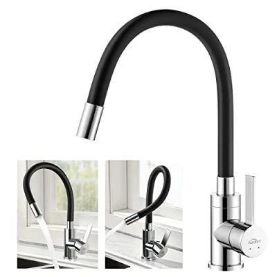 Image de Auralum Robinet de Cuisine Flexible Bec Haut Orientable Librement Mitigeur Évier Laiton Chromé et Noir Evier Monotrou à Eau Chaude Froide