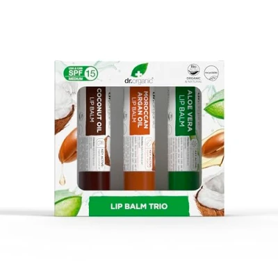 Image de Coffret de Baumes à Lèvres Dr Organic, Hydratants, SPF 15, Multipack Assorti avec Aloe Vera, Huile d&#039;Argan, Coco, Naturel, Végétarien, Sans Cruauté, Paraben &amp; SLS, Bio, 5,7ml