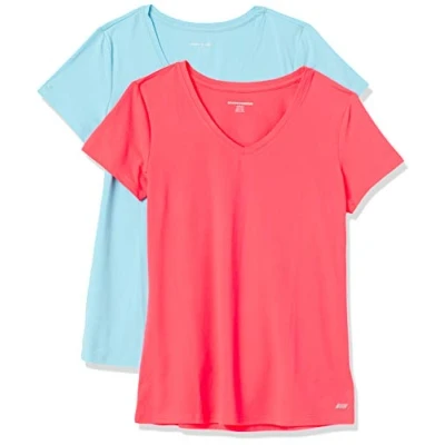 Image de Amazon Essentials T shirt Tech à manches courtes et col en V, extensible (disponible grande taille) Femme, Lot de 2, Bleu/Rose Fluo, M