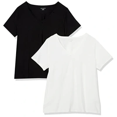 Image de Amazon Essentials T shirt À Manches Courtes et Col En V, Grande taille Femme, Lot de 2, Blanc/Noir, 4XL