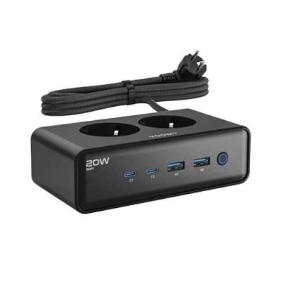 Image de VOOMY multiprise avec Interrupteur &amp; USB c 20W Rapide, 2 C, A, Prises Secteur, Rallonge Electrique 2m, parafoudre et surtension, idéal comme Bureau