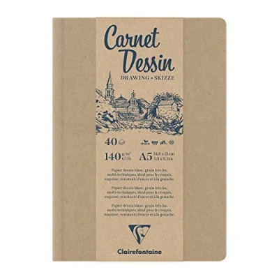 Image de Clairefontaine 975963C Carnet Dessin Cousu 40 Feuilles Papier Blanc Grain Très Fin A5 14,8x21 cm 140g Format Portrait Couverture Rigide Kraft