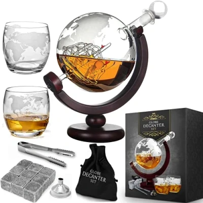 Image de MikaMax Ensemble de carafe à décanter Globe whisky Set fabriqué la main Comprend 2 verres 850 ml Transparent en verre