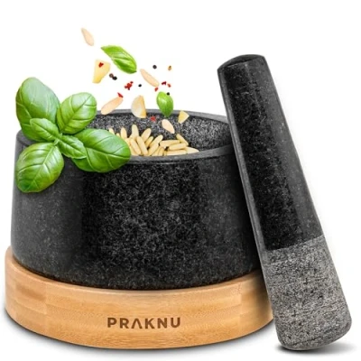 Image de Mortier et Pilon de Cuisine Granit Grand 400ml Pour les épices herbes Avec dessous plat en bois FSC® N004317